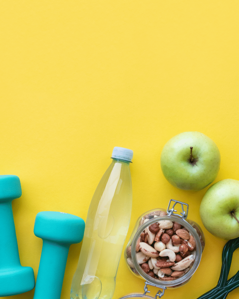 ejercicio, frutas y agua